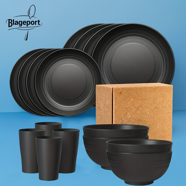 Juego de vajilla familiar premium para exteriores - 16 piezas irrompibles, aptas para microondas y lavavajillas, set negro con 8 platos, 4 tazones y 4 tazas