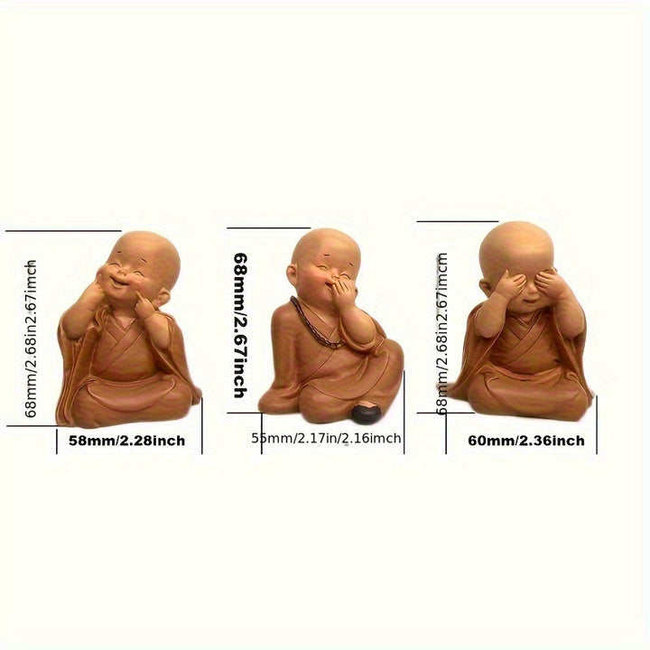 Juego de Tres Figuras Zen de Monjes en Resina, Ideal para Decoración de Escritorio o Sala de Té. Pequeña Estatuilla Budista Retro Creativa, Perfecta también para Acuarios y Micro Paisajes