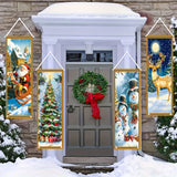 Conjunto de 4 Banderines Navideños para Porche - Decoraciones Duraderas de Poliéster con Diseños de Santa, Muñeco de Nieve, Reno y Árbol, 119.89cm x 40.13cm, Fáciles de Colgar y Lavables para Exhibición en la Puerta de las Fiestas