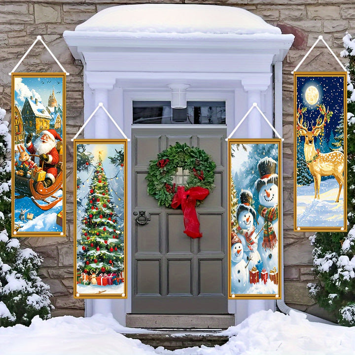 Conjunto de 4 Banderines Navideños para Porche - Decoraciones Duraderas de Poliéster con Diseños de Santa, Muñeco de Nieve, Reno y Árbol, 119.89cm x 40.13cm, Fáciles de Colgar y Lavables para Exhibición en la Puerta de las Fiestas