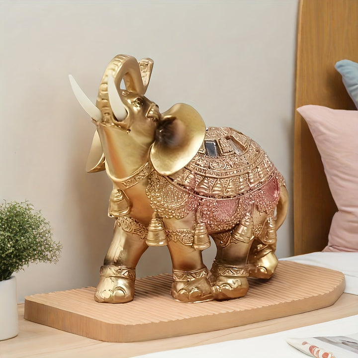 Estatua de Elefante Dorado Auspicioso - Decoración de Feng Shui para Riqueza y Prosperidad, Artesanía de Resina para Hogar y Oficina, Exhibición Versátil para Interiores/Exteriores