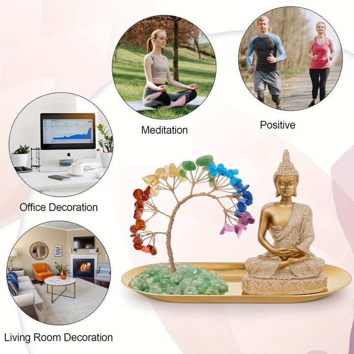 Árbol de cristal de chakras y estatua de Buda, set de decoración para yoga y meditación, árbol del dinero y figura de Buda para hogar, sala de estar, oficina o estante, atrae riqueza y buena suerte