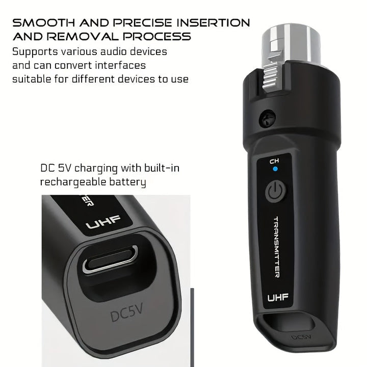 Transmisor de Micrófono sin varillas UHF Profesional - Conector XLR Resistente, Carga USB-C y Batería de Polímero de Litio, Pantalla de Frecuencia para Transmisión en Vivo, Estudio, Conciertos, Eventos - Compatible con Equipamiento de Audio Profesional,