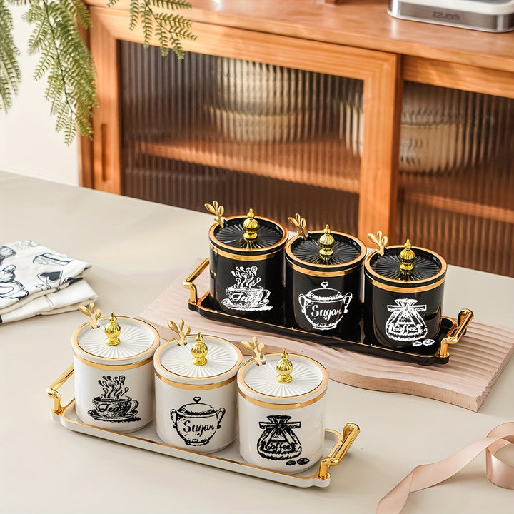 1 juego (1 plato, 3 latas, 3 cucharas) recipientes de almacenamiento para hogar, cocina y comedor, contenedores de especias, envases para alimentos, saleros, azucareros, condimentos, chile en polvo