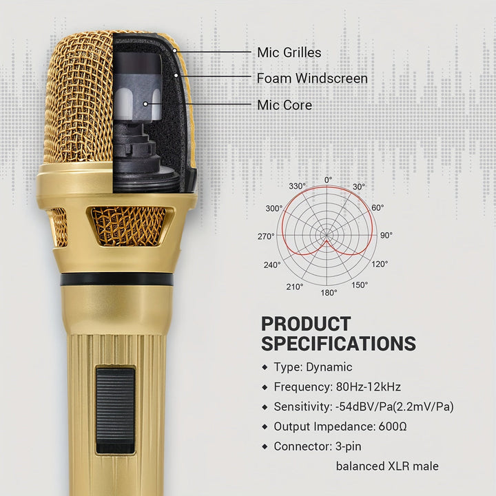 Micrófono negro y dorado Heikuding con cable XLR de 3 metros/9,8 pulgadas - Micrófono dinámico para cantar, karaoke, amplificadores y mezcladores, diseño clip-on, construcción metálica duradera, accesorio para cantar, estilo elegante, audio de alta calid