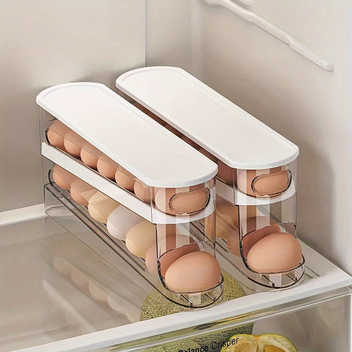 Contenedor de huevos automático de doble capa deslizable para 12-14 huevos, diseño con bisagra, conservador de huevos frescos, material plástico, sin contacto con alimentos, con organizador de huevos para refrigerador que ahorra espacio en la cocina