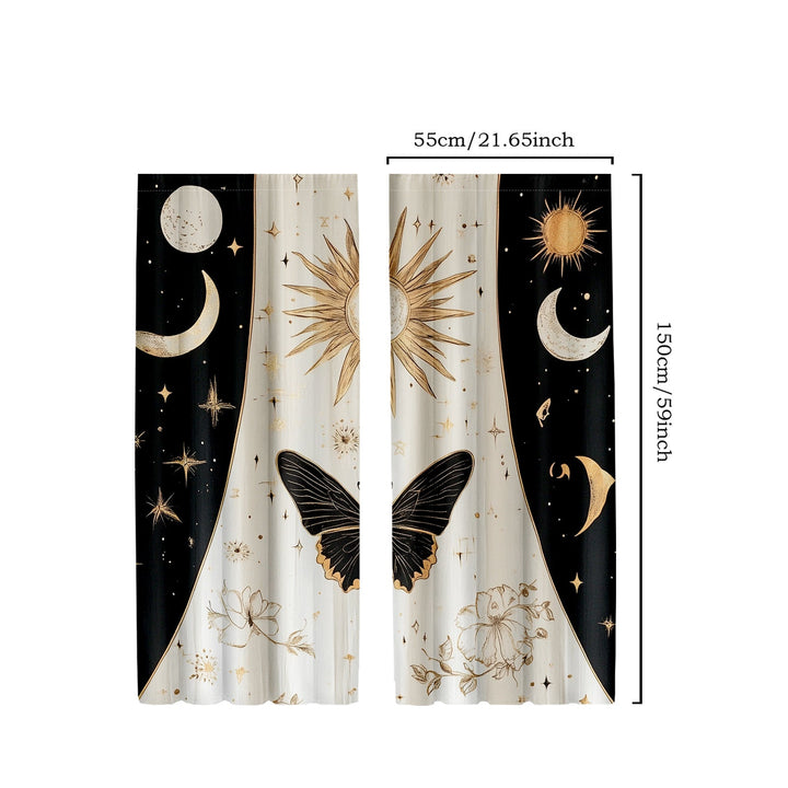 2 cortinas decorativas góticas con motivos de fases lunares, sol, estrellas y flores en negro y dorado