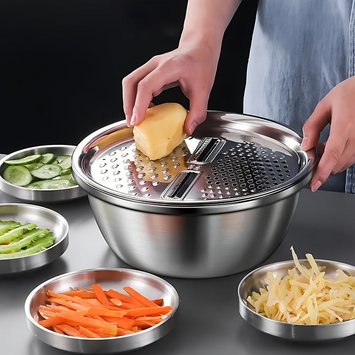 Juego de cocina de acero inoxidable de 3 piezas con rallador integrado, colador multifuncional y tazón de mezcla para lavar y cortar frutas, verduras, queso - Tazones de preparación de alimentos seguros con sistema de drenaje