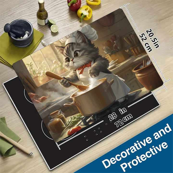 1 pieza de protector de estufa de gato chef lindo - Resiste el calor, resistente a los arañazos, alfombrilla de goma con diseño de escena de cocina divertida, fácil de limpiar y duradera, perfecta para cocinas elegantes, accesorio de cocina elegante | De