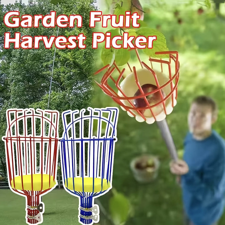 Recogedor de Frutas Metálico Rojo con Pinza Ajustable y Cesta de Tela Amarilla - Cosecha Fácil para Manzanas, Melocotones y Más, Accesorio de Jardín | Diseño Ajustable | Construcción Metálica