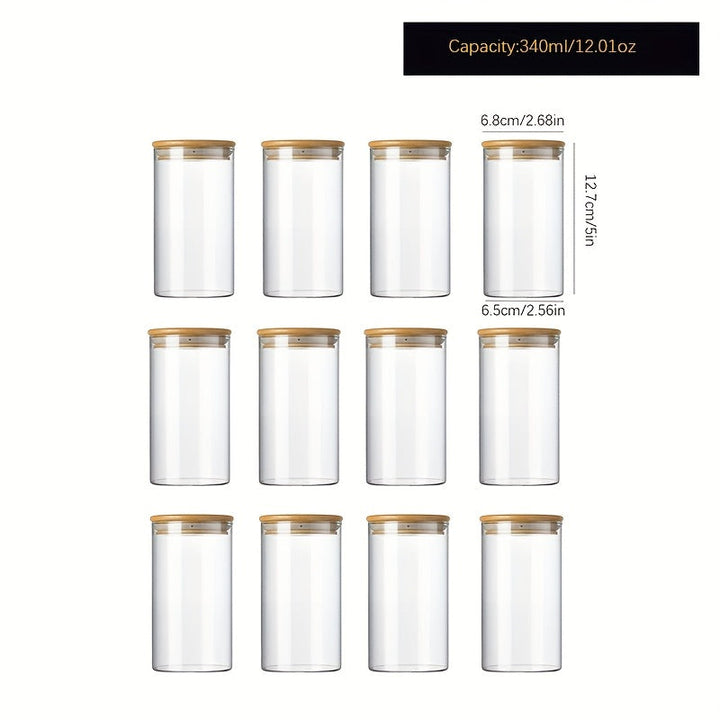Doce recipientes de almacenamiento de granos, café y mora de vidrio de alta borosilicato de 210ml/280ml/340ml con tapa redonda de madera transparente.