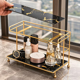 Organizador de baño de doble nivel con textura de mármol, bandeja amplia para cosméticos y cuidado de la piel, detalles dorados, diseño portátil independiente para baño, dormitorio o tocador (sin necesidad de ensamblaje), accesorios para baño