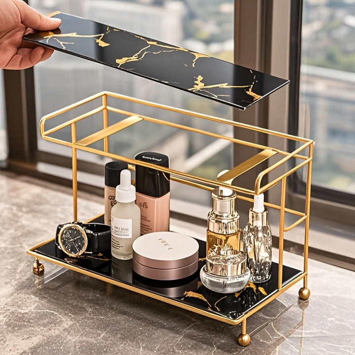 Organizador de baño de doble nivel con textura de mármol, bandeja amplia para cosméticos y cuidado de la piel, detalles dorados, diseño portátil independiente para baño, dormitorio o tocador (sin necesidad de ensamblaje), accesorios para baño