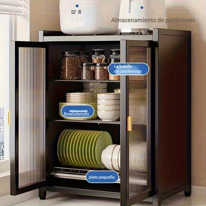 Estante de secado de platos de varios niveles moderno negro con puertas dobles a prueba de polvo, ganchos para utensilios y bandeja de goteo - Organizador de almacenamiento de cocina que ahorra espacio para platos, tazones y utensilios, estante de secado