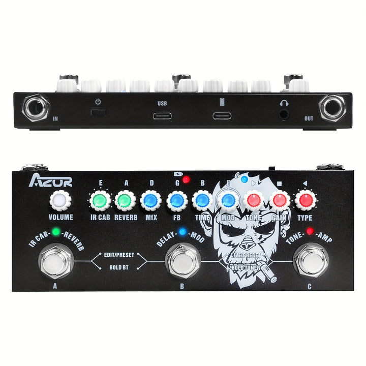 Pedal de Efectos Múltiples AZOR con 3 Preestablecidos, 8 Cámaras IR y 9 Modelos de Amplificador, Reverb, Retardo, Overdrive, Distorción y Afinador para Guitarras Eléctricas, Recargable