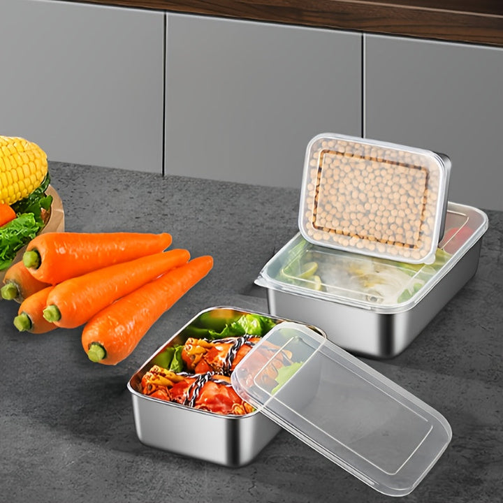 Juego de 3 Piezas de Recipientes para Almacenamiento de Alimentos de Acero Inoxidable con Tapas - Apto para Lavavajillas, Contenedores Cuadrados para Frutas y Verduras, Ideal para Organización en Nevera y Preparación de Comidas