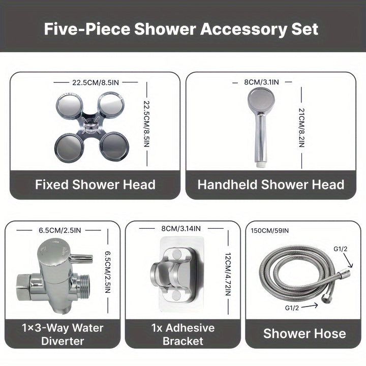 1 ducha de lujo, línea de cintura, cabezal de lluvia de alta presión y juego 2 en 1 portátil. Manguera extra larga, divisor de 3 vías y soporte adhesivo para ducha, accesorios de baño completo, set de ducha