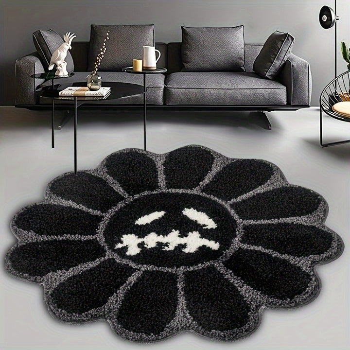 Alfombra redonda de girasol artístico retro, suave y esponjosa, para sala y dormitorio, tapete antideslizante para el hogar con respaldo de TPR, peluche grueso con un peso de 2000 g por metro cuadrado y un grosor de 15 mm, ideal para tapetes pequeños en