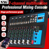 Consola de mezcla portátil de 7 canales NXG con puertos USB y MP3, alimentación fantasma de 48 V, construcción de aleación, funcionamiento con fuente de alimentación, enchufe estadounidense de 110-130 V, mezclador de audio profesional para grabaciones y