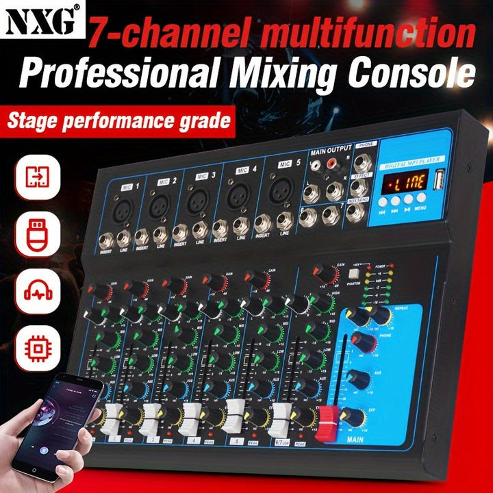 Consola de mezcla portátil de 7 canales NXG con puertos USB y MP3, alimentación fantasma de 48 V, construcción de aleación, funcionamiento con fuente de alimentación, enchufe estadounidense de 110-130 V, mezclador de audio profesional para grabaciones y