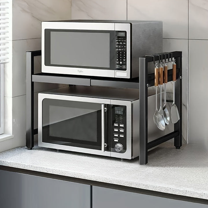 Soporte Expansible para Microondas, Estante de Almacenamiento para Utensilios de Cocina y Vajilla, Estante para Microondas para Encimera, Estante de Almacenamiento de Cocina Metálico de 2 Niveles, con 4 Ganchos, Estante para Pan, Estante para Microondas,