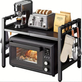 Estante metálico expandible para microondas con ganchos - Organizador vertical de mostrador para tostadora, freidora de aire, arrocera y más - Fácil instalación, construcción metálica duradera, diseño ahorrador de espacio para electrodomésticos de cocina