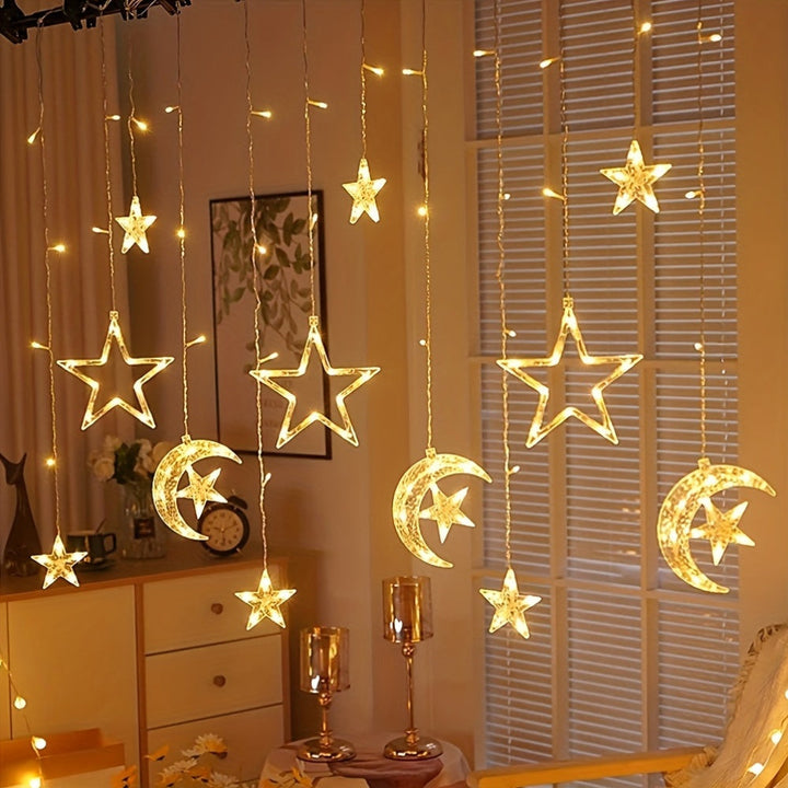 1 juego de luces LED de cortinas de hadas, 3m ajustables con modos múltiples, con estrellas y lunas, plástico, independiente, para Ramadan, bodas, cumpleaños, graduación, decoración de fiestas, jardín romántico de fantasia, operadas con baterías AA (no i