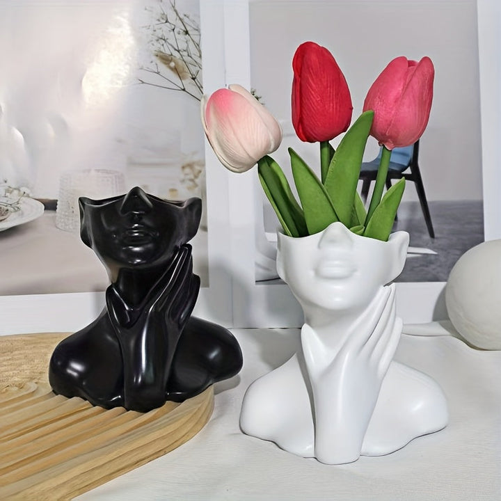 1pc | Moderno Abstracto | Jarrón Humanizado, Estatua de Resina con Diseño de Cuello Táctil, Contenedor de Mesa Decorativo para Plantas Frescas e Hidropónicas