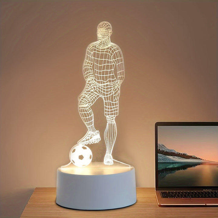 [Lámpara LED 3D con Fútbol] Lámpara de Mesa LED Acrílica con Jugador de Fútbol 3D Alimentada por USB - Lámpara de Pie con Temática Deportiva para Sala de Estar, Decoración de Mesita de Noche - No Requiere Batería