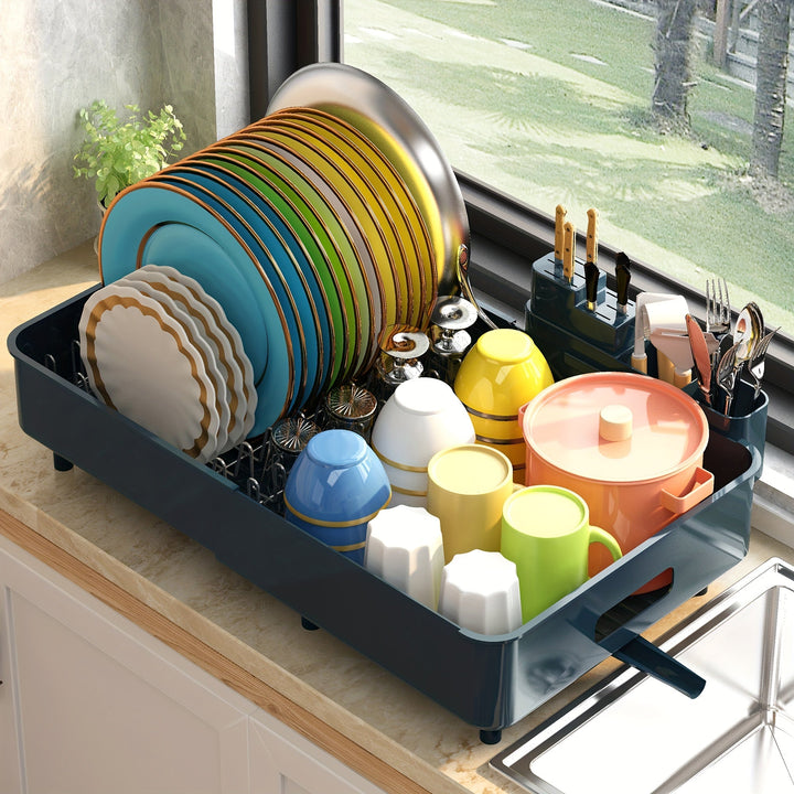 Moderno escurridor de platos retráctil para cocina con construcción de acero inoxidable y plástico, organizador de almacenamiento de drenaje para platos, palillos y utensilios.