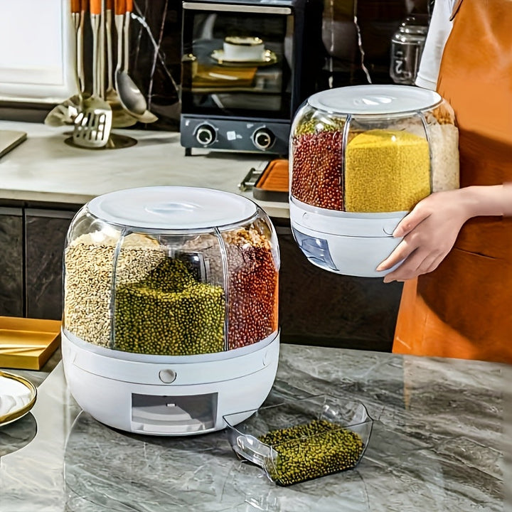 Contenedor Giratorio de Gran Capacidad con Tapa Hermética – Cilindro Plástico Impermeable y Resistente a Insectos para Arroz, Granos, Harina, Comida para Mascotas y Más – Dispensador Fácil de Usar con Botón de Presión, Esencial en la Cocina