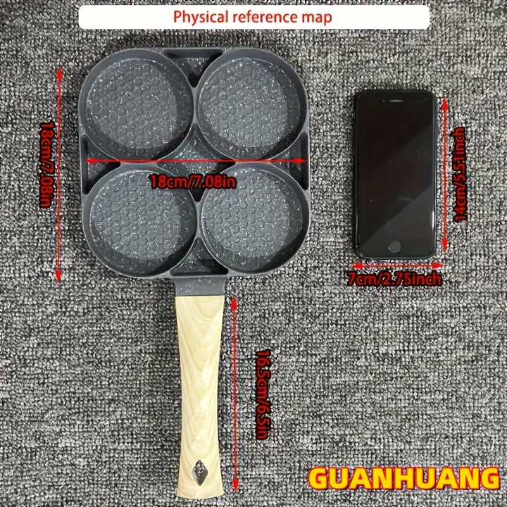 Sartén de Huevos y Tortillas Antiadherente de Aleación de Aluminio GUANHUANG con Mango de Madera, Cocina para Desayuno con 4 Compartimentos para Estufa de Gas e Inducción, Ideal para Huevos, Salchichas y Más