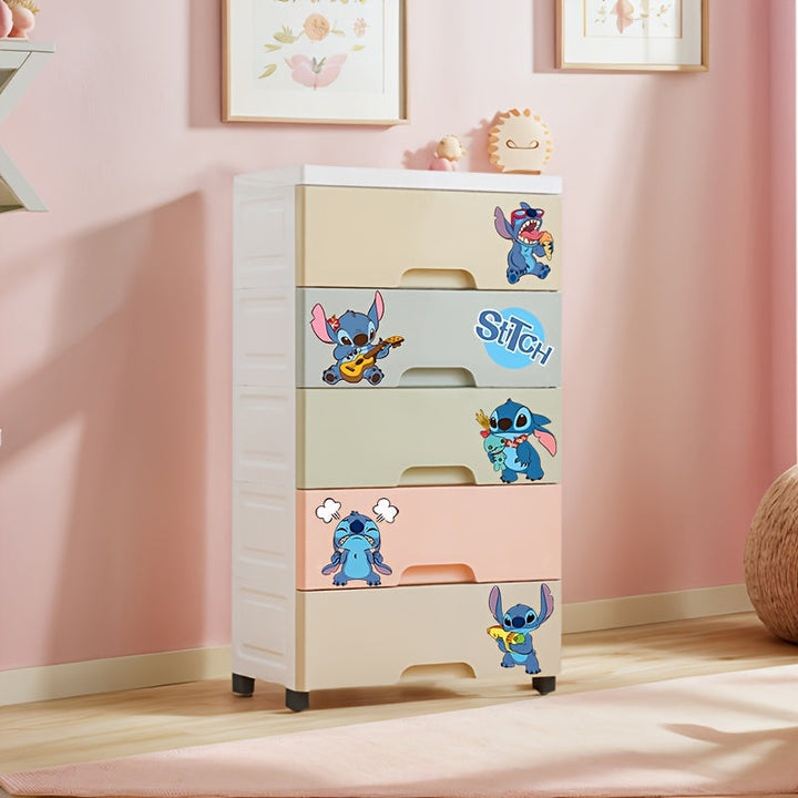 Armario de plástico apilable de 4/5/6/7 capas Stitch, 50cm de ancho, diseño rectangular moderno con ruedas, incluye calcomanías Stitch, ideal para salón, baño, balcón, almacén - Organizador multiusos, almacenamiento de armario, diseño juguetón, almacenam