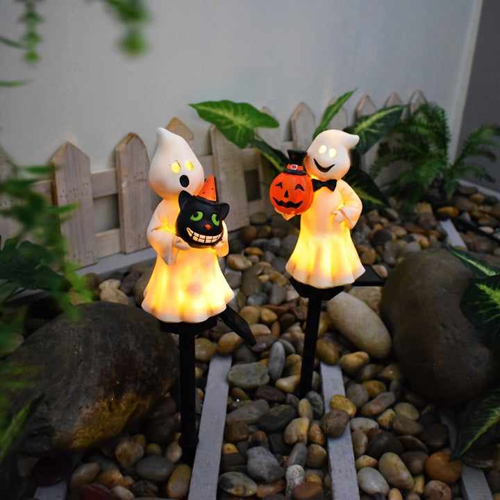 2 Piezas de Faroles Solares para Halloween - Decoración Espeluznante con Figuras, Encendido/Apagado Automático, Instalación en Estacas para Jardín o Patio, Construcción Duradera de Plástico, Iluminación Temática Festiva, Material Resistente al Clima, Ado