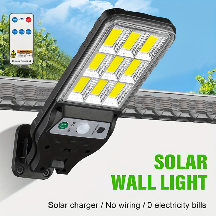 1pc Luz Solar de Pared con Sensor de Movimiento, Faro Solar, 90COB Lámpara Reflejo, Encendido al Anochecer y Apagado al Amanecer, Iluminación Exterior con Control Remoto, 3 Modos de Luz para Jardín, Patio, Valla y Gazebo