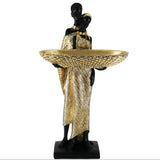 Estatua de Pareja Africana Vintage Dorada - Figura de Arte Tribal con Bandeja de Almacenamiento para Llaves para Decoración del Hogar, Perfecta para Sala de Estar, Estantería y Mesa, Regalo Ideal de Inauguración para Mujeres, Lo Mejor para Navidad