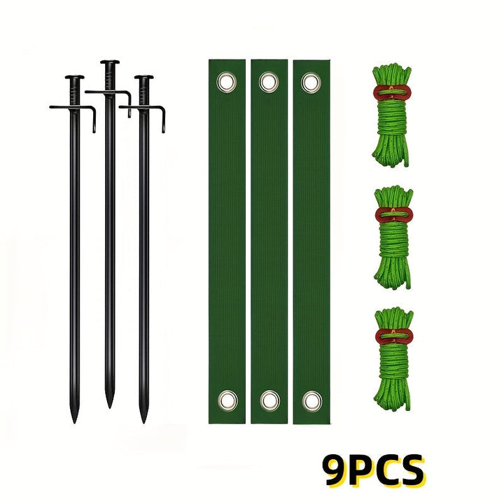 Juego de ataduras de soporte de tronco de árbol de alta resistencia verde, 9 piezas de clavos de tierra negros, adecuados para atar árboles de jardín al aire libre, reparaciones y salidas moldeadas, refuerzo de tienda de picnic