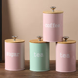 Juego de Recipientes Pequeños para Cocina, Set de 3 Contenedores Metálicos Vintage de 25 oz para Café y Azúcar con Tapa de Bambú, Decoración Rústica para Almacenamiento de Comida