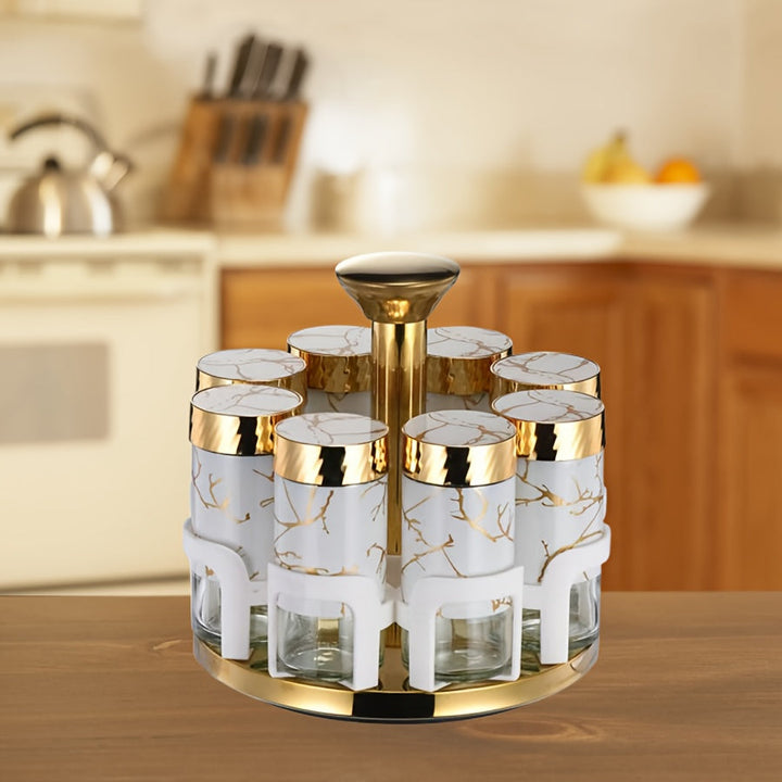 Juego de especias de cocina de 8 botellas con asas doradas - Elegantes frascos de vidrio blanco y dorado para condimentos, pimientas y hierbas, ideales para estanterías giratorias de especias, esenciales para estanterías de especias | Contenedor de espec
