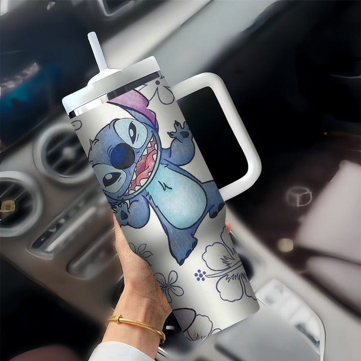 1 taza de vacío con asa de Disney Stitch, 40 oz, aislada, con asa, popote, solo lavar a mano, reutilizable, multiusos, no eléctrica, gran capacidad, diseño elegante, con viajes, deportes, actividades al aire libre, para café, bebidas frías y calientes.