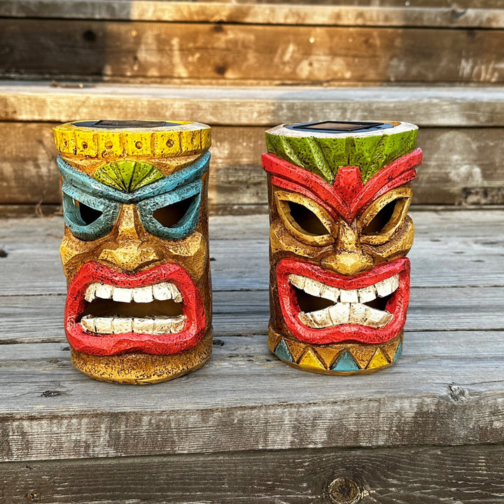 XXOASIS Hawaiian Tiki Resin Solar Lantern, acabado encáustico, control de botón pulsador, batería de níquel de 200 mAh, jardín al aire libre, patio, césped, balcón, decoración del alféizar de la ventana, regalo único para las fiestas.