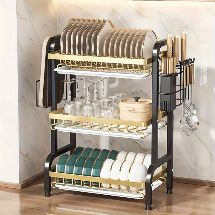 Estantería de Cocina de 3 Niveles con Sistema de Drenaje - Organizador Moderno y Minimalista para Utensilios, Platos y Boles, Ahorra Espacio en Cocinas Pequeñas