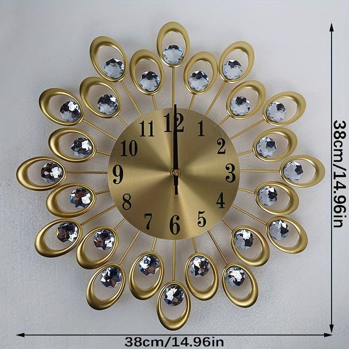 Reloj de pared silencioso de lujo, reloj redondo de metal moderno para sala de estar y dormitorio, funciona con pilas AA, elegante diseño de corona con superficie plana, reloj de decoración para el hogar (pilas no incluidas)