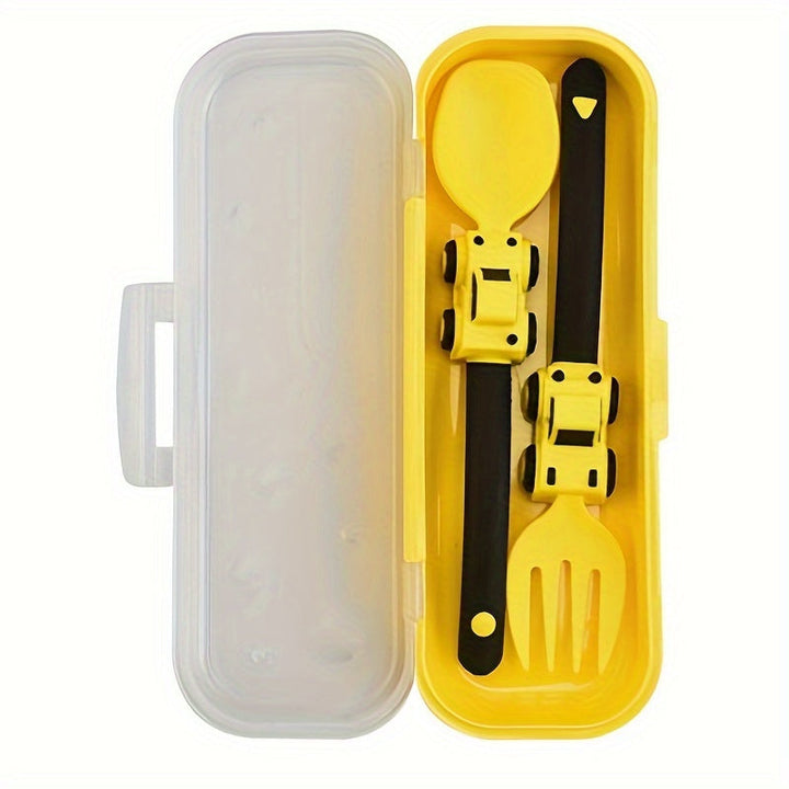 1 Pieza, Juego De Utensilios Para Niños Con Tenedor Y Cuchara, Tema De Vehículos De Ingeniería, Material PP, Diseño Antibacteriano Portátil, Agarre Suave, Apto Para Lavavajillas, Viene Con Caja De Almacenamiento, Ideal Para Uso En Casa Y Viajes
