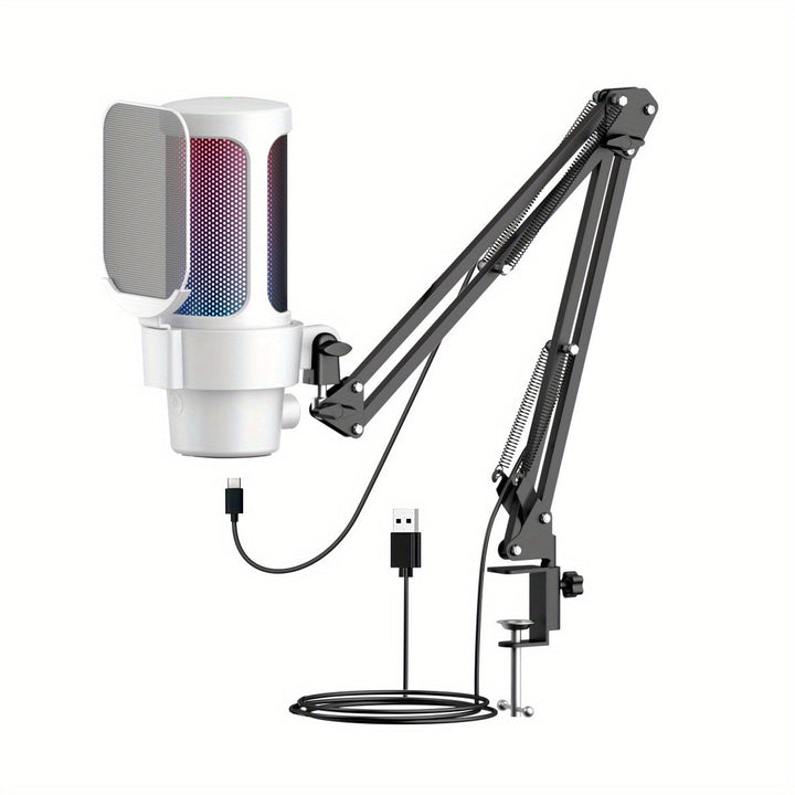 Kit de Micrófono de Escritorio USB Ajustable 360° Plug & Play con Condensador RGB, Silencio Rápido - Ideal para Juegos, Transmisiones en Vivo y Podcasting, Captación de Sonido Clara, Negro/Blanco, PVC, Micrófono para PC