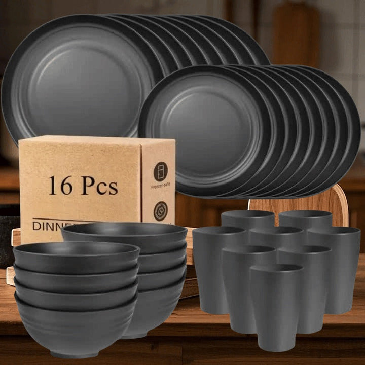 Juego de 16 piezas de platos de cena indestructibles y utensilios de cocina reutilizables, con 8 platos, 4 tazas y 4 tazones, fácil de limpiar, juego de platos de temporada/novedad.