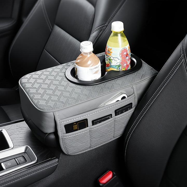 1pc Funda para Apoyabrazos de Coche con 2 Bolsillos Laterales y 2 Portavasos, Diseño de Patrón de Diamante Acolchado, Protector Interior de Vehículo para Teléfono, Botella, Tarjetas - Se Adapta a la Mayoría de Coches, SUVs, Camiones