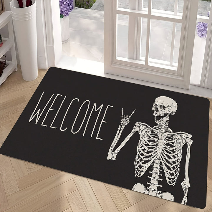 1 alfombrilla de entrada con diseño de calavera juguetón, ideal para fiestas de Halloween y decoración, hecha de poliéster negro, lavable en máquina, de 1 cm de grosor, 700 g/m². Perfecta para decorar tu hogar o negocio.