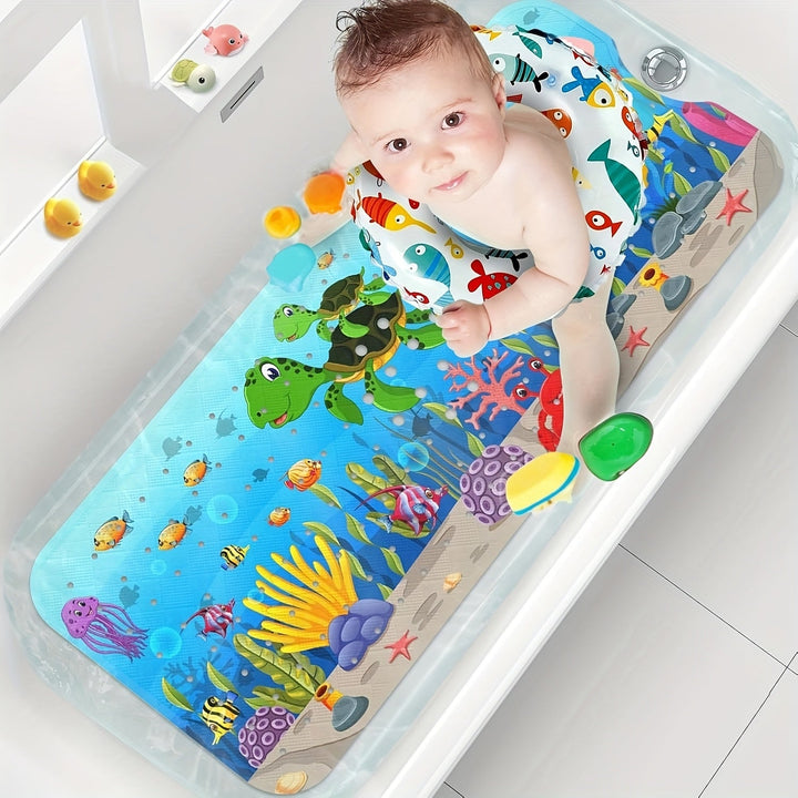 Alfombra de Baño para Tubería, 101.6 x 40.64 cm Extra Larga Antideslizante con Patrón de Tortuga Marina, Alfombrilla para Ducha y Bañera con Ventosas y Agujeros de Drenaje, Lavable a Máquina