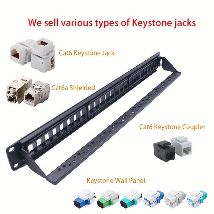 Panel de Conexión Keystone 1U de 24 Puertos, Montaje en Rack Metálico de 19 Pulgadas, Espesor Aumentado de 1.5mm, Tomas Keystone Cat6/Cat6a/Cat7 (Vendidas por Separado), Barra de Gestión de Cables Incluida,